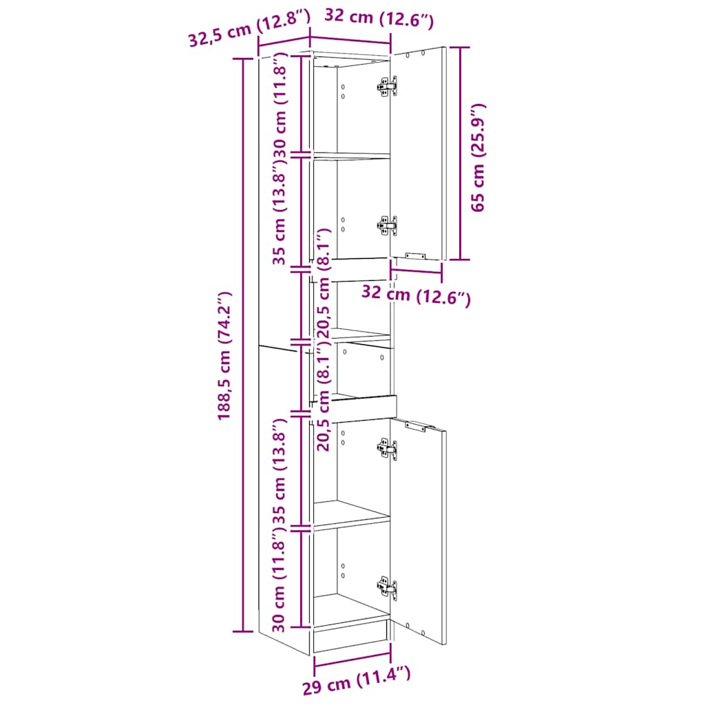 Armario de baño madera contrachapada gris Sonoma 32x34x188,5 cm