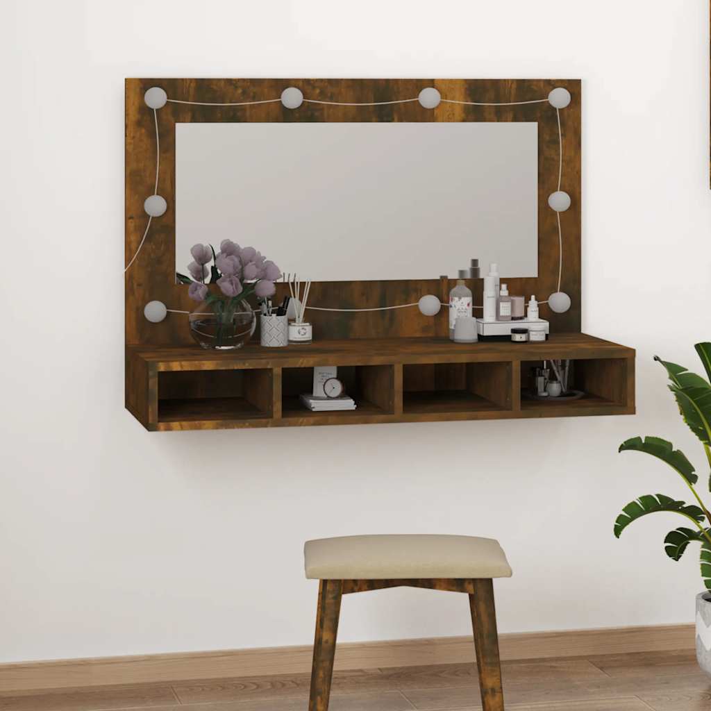 Mueble con espejo y LED color roble ahumado 90x31,5x62 cm