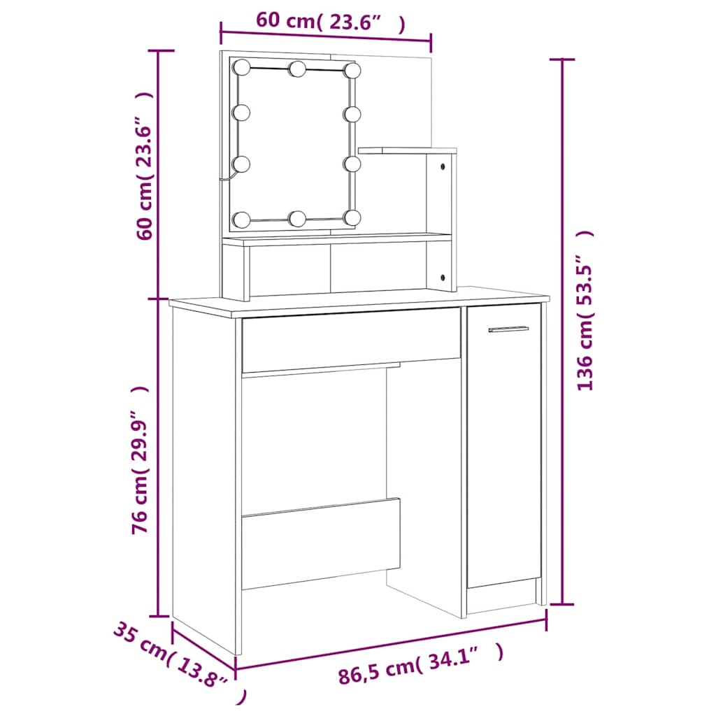 Tocador con LED roble marrón 86,5x35x136 cm