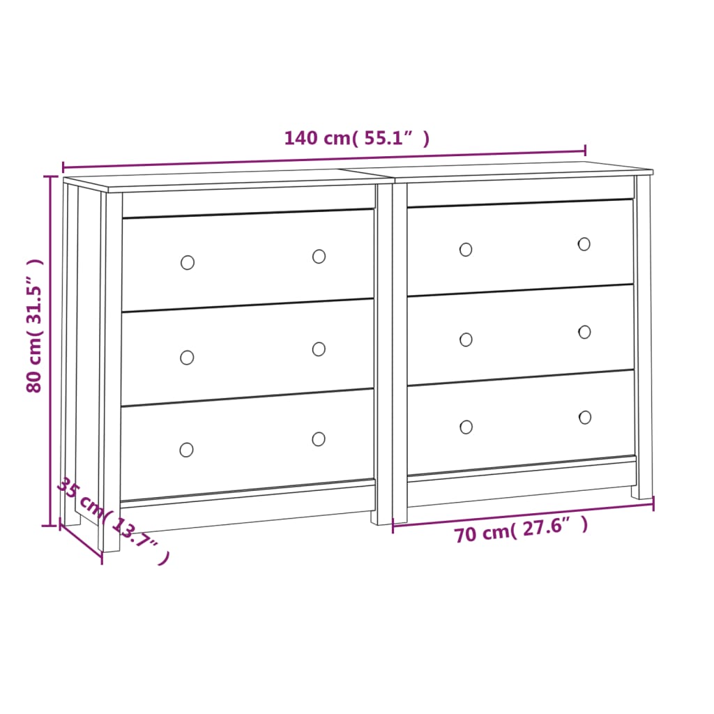 Aparador de madera maciza de pino blanco 140x35x80 cm