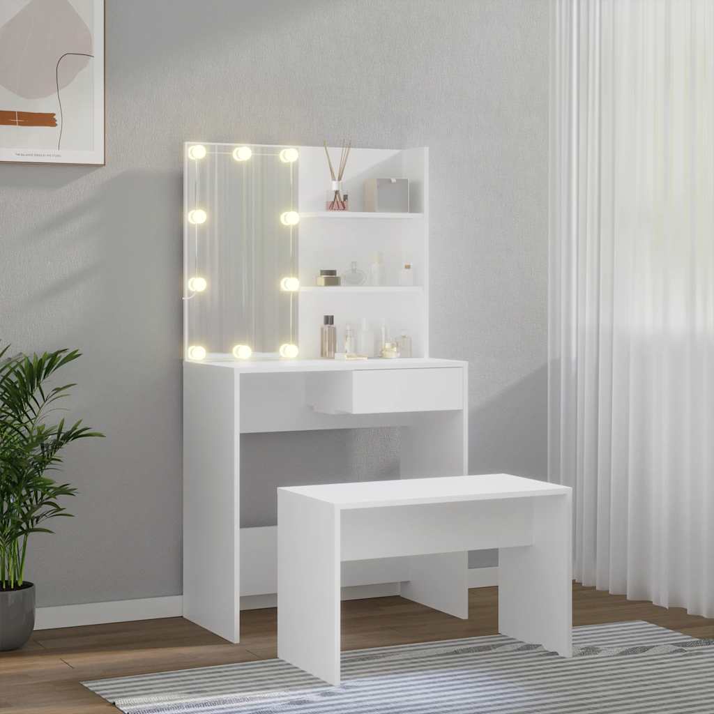 Juego de tocador con LED madera contrachapada blanco