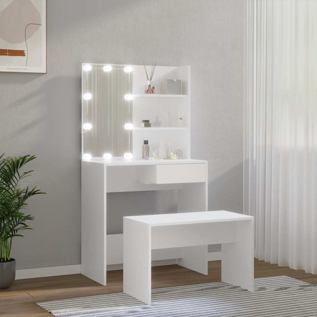Juego de tocador con LED madera contrachapada blanco