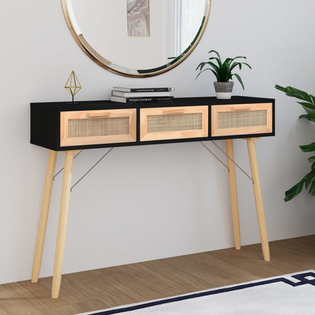 Mesa consola madera pino maciza blanco ratán natural 80x30x75cm