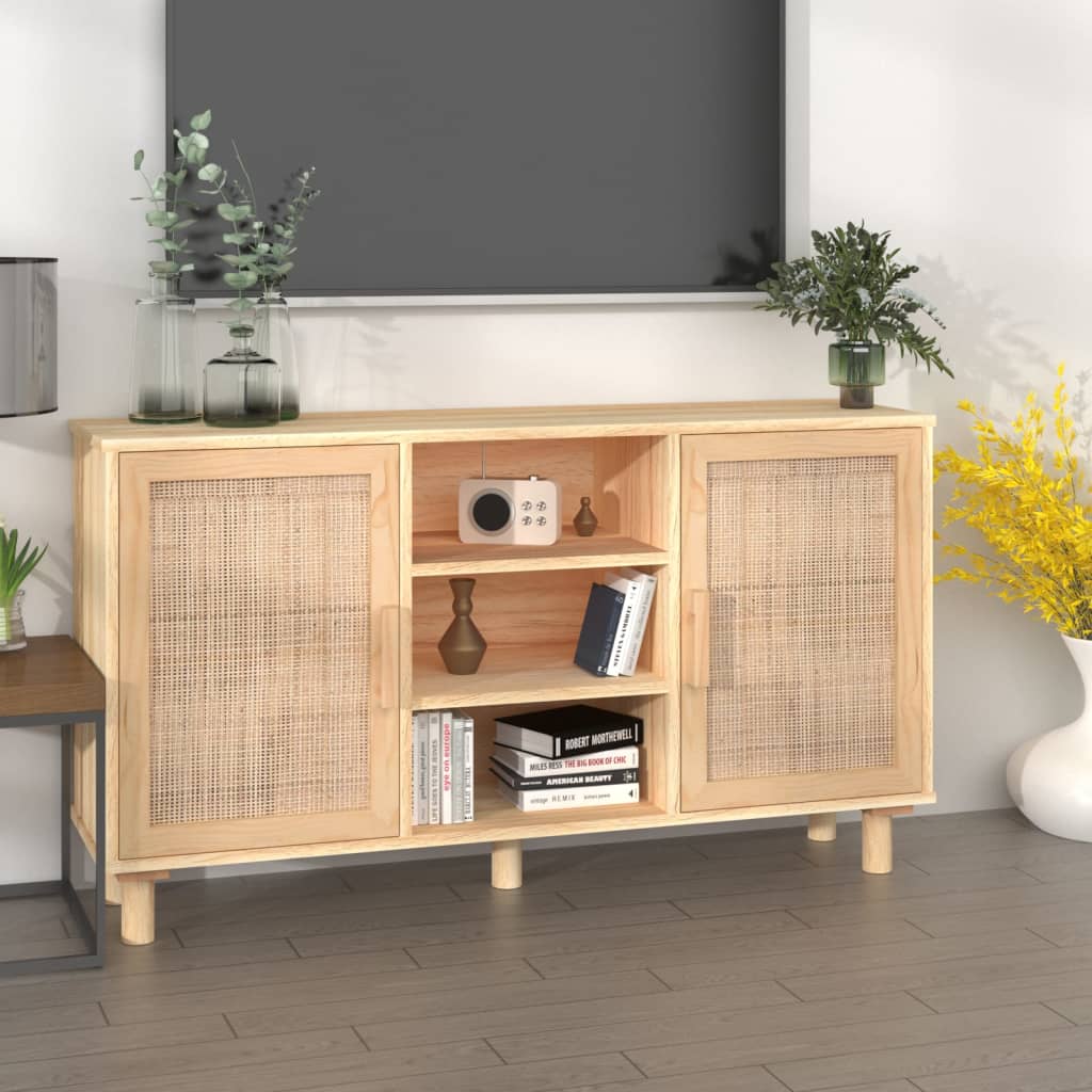 Aparador madera maciza pino blanco ratán natural 105x30x60 cm