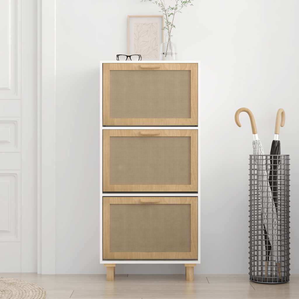 Zapatero madera contrachapada blanco ratán natural 52x25x115 cm