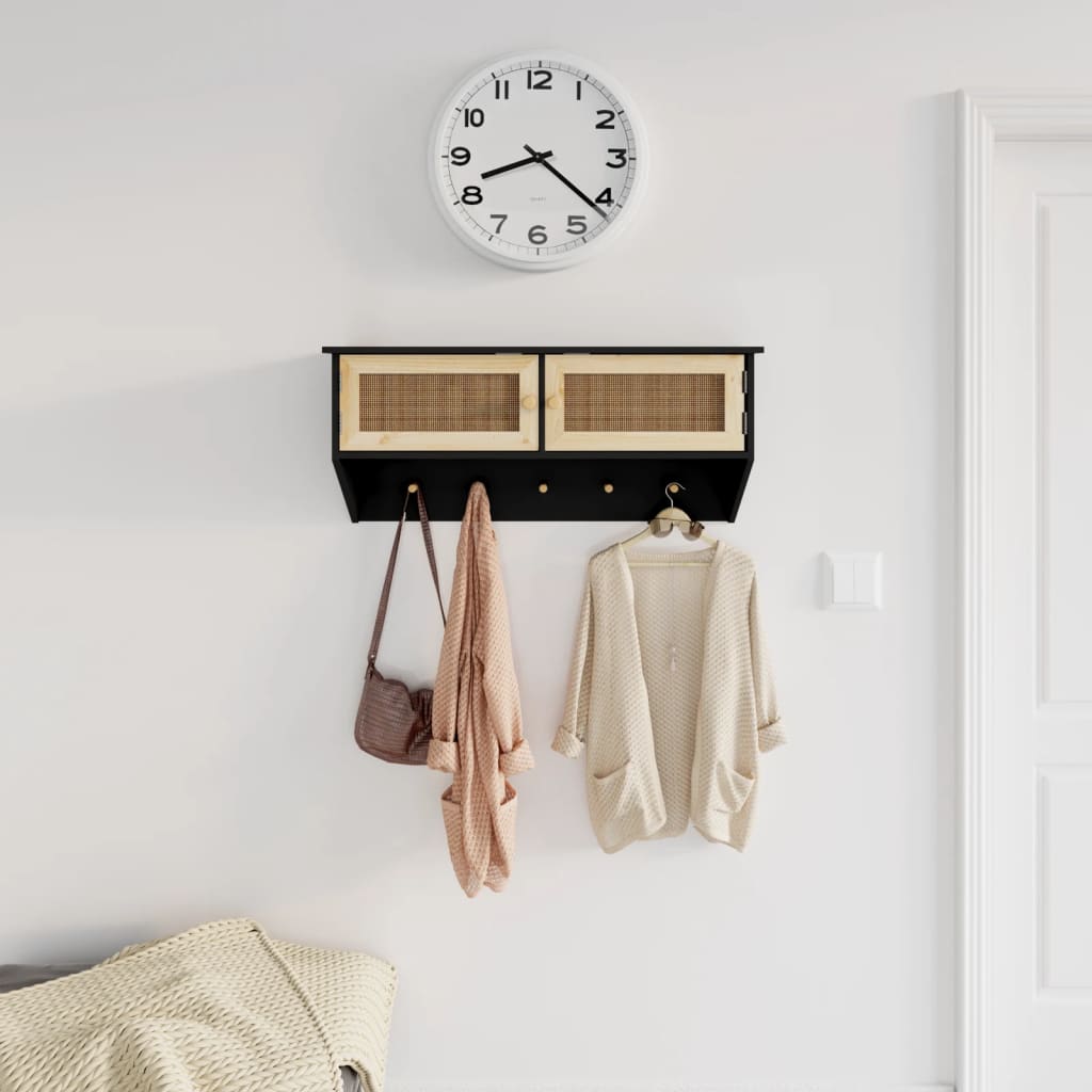 White plywood and natural rattan wall coat rack