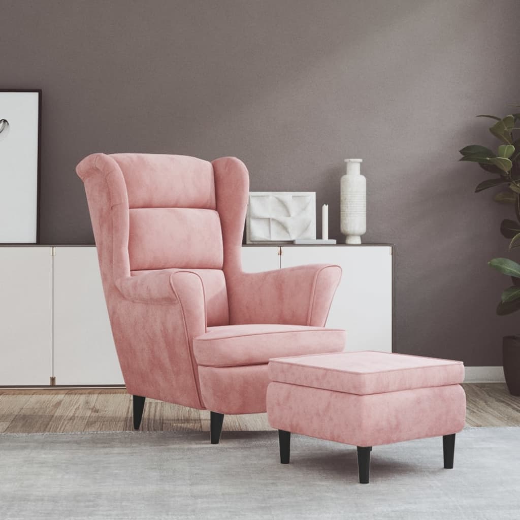 Sillón orejero con taburete terciopelo amarillo mostaza