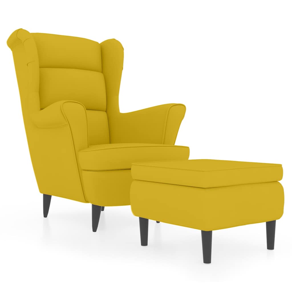 Sillón orejero con taburete terciopelo amarillo mostaza
