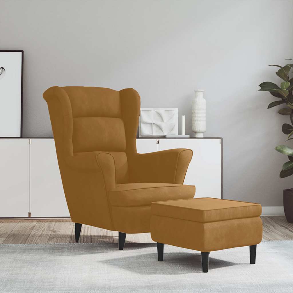 Sillón orejero con taburete terciopelo amarillo mostaza