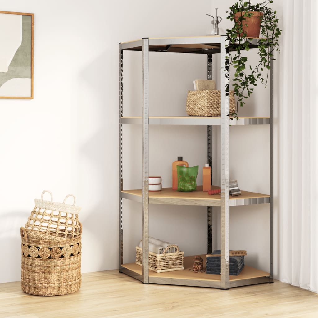4-tier corner shelving unit in anthracite grey wood and steel