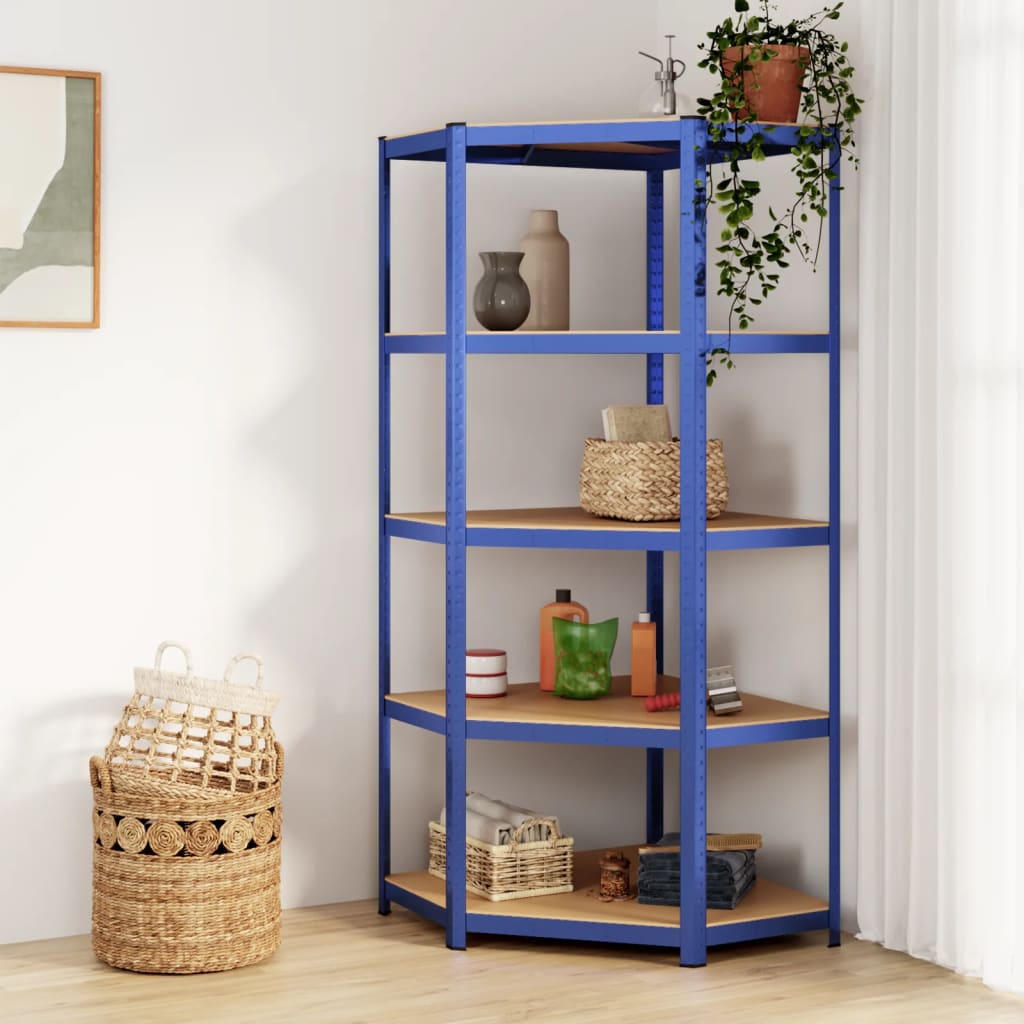 4-tier corner shelving unit in anthracite grey wood and steel