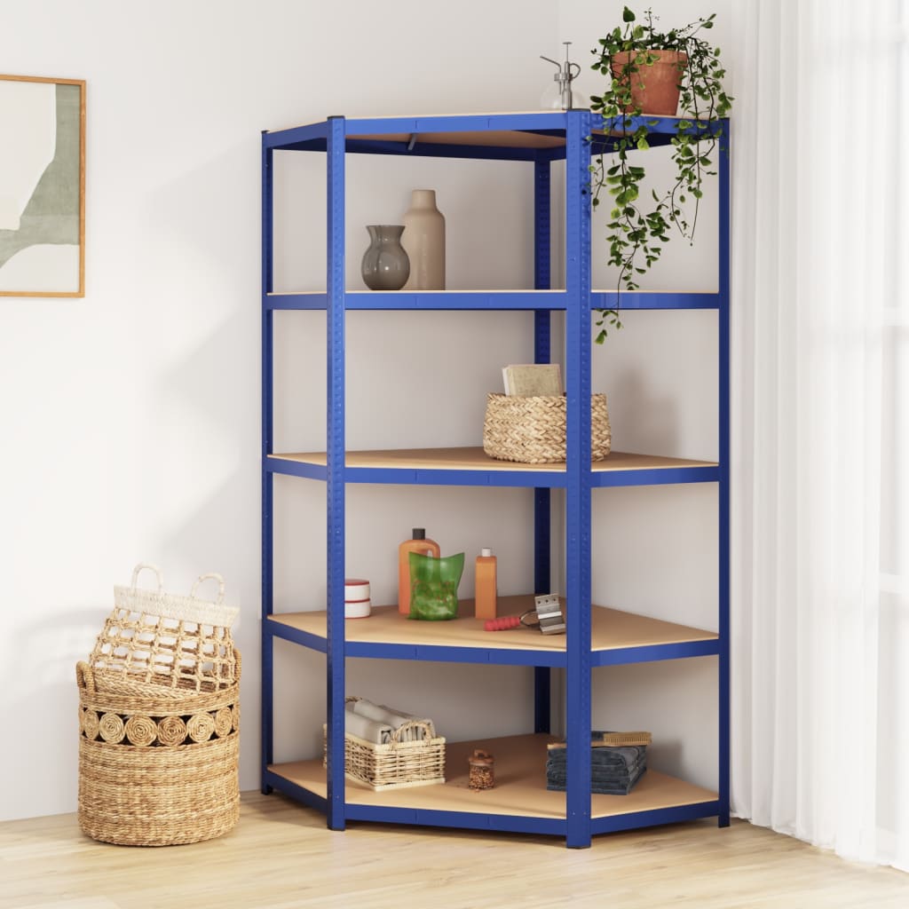 4-tier corner shelving unit in anthracite grey wood and steel