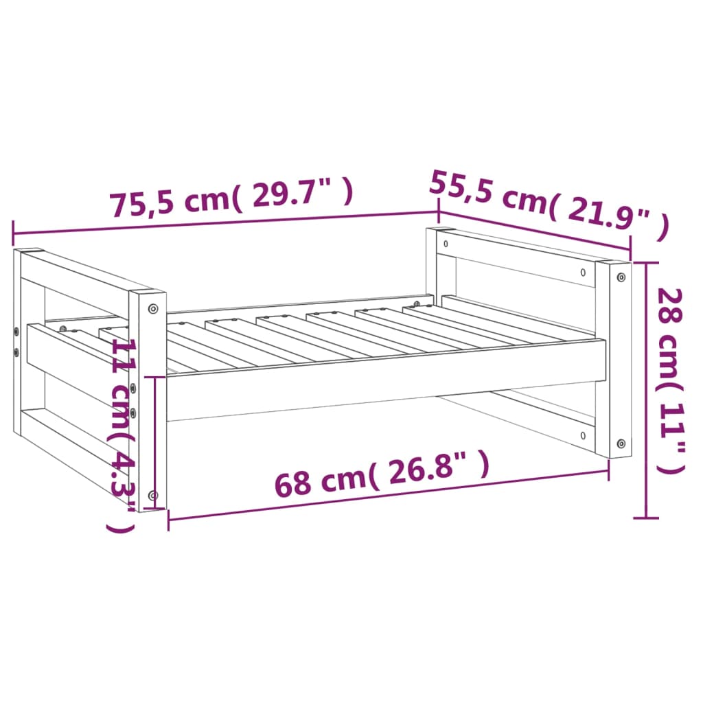 Cama para perros madera maciza de pino blanco 75,5x55,5x28 cm