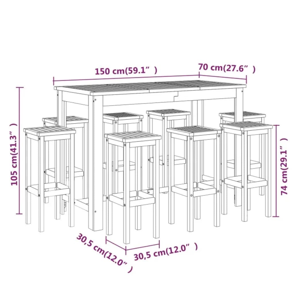 Juego muebles de bar de jardín 9 piezas madera maciza de acacia