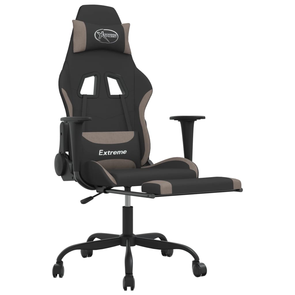 Silla gaming de masaje con reposapiés tela negro y gris taupe