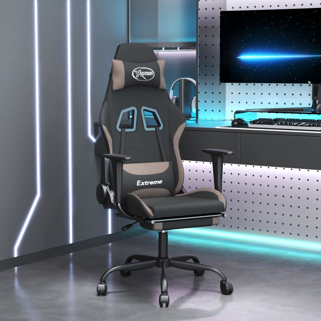Silla gaming de masaje con reposapiés tela negro y gris taupe