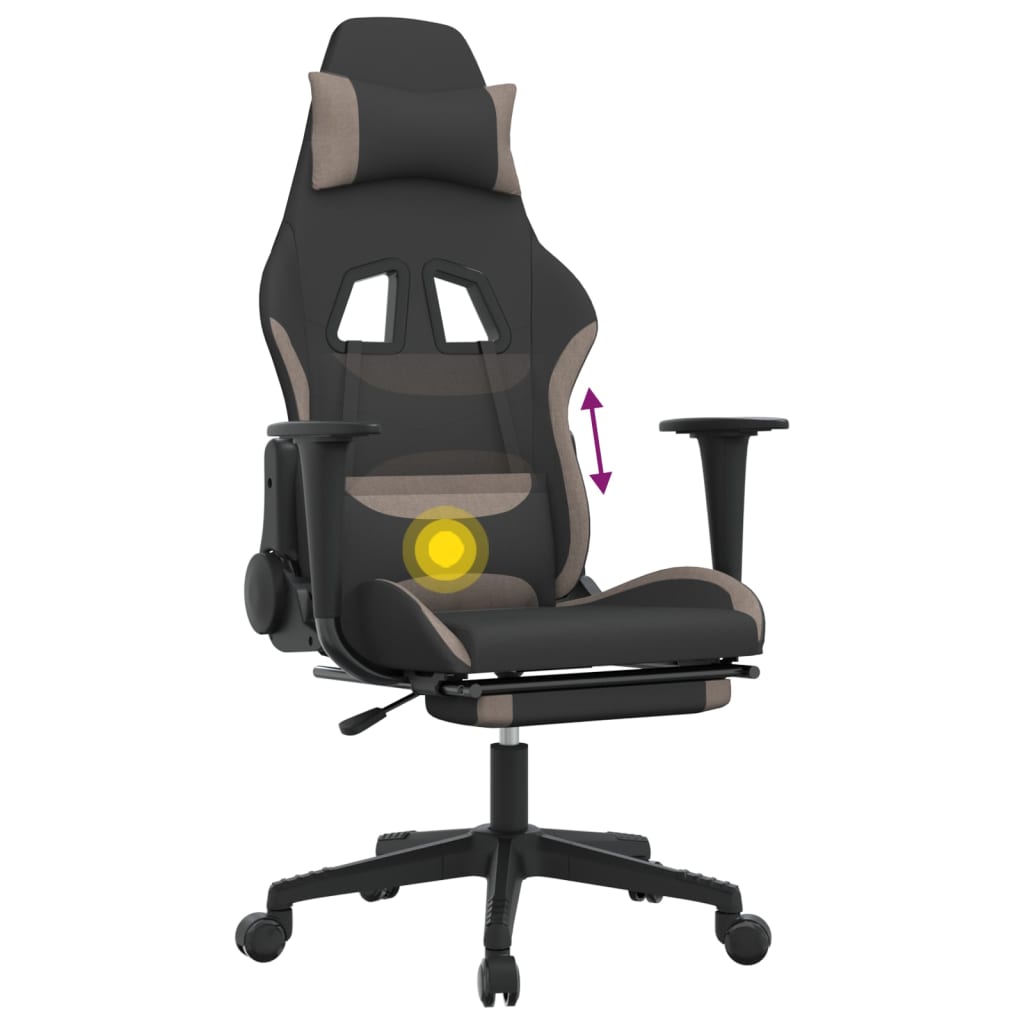 Silla gaming de masaje con reposapiés tela negro y gris taupe