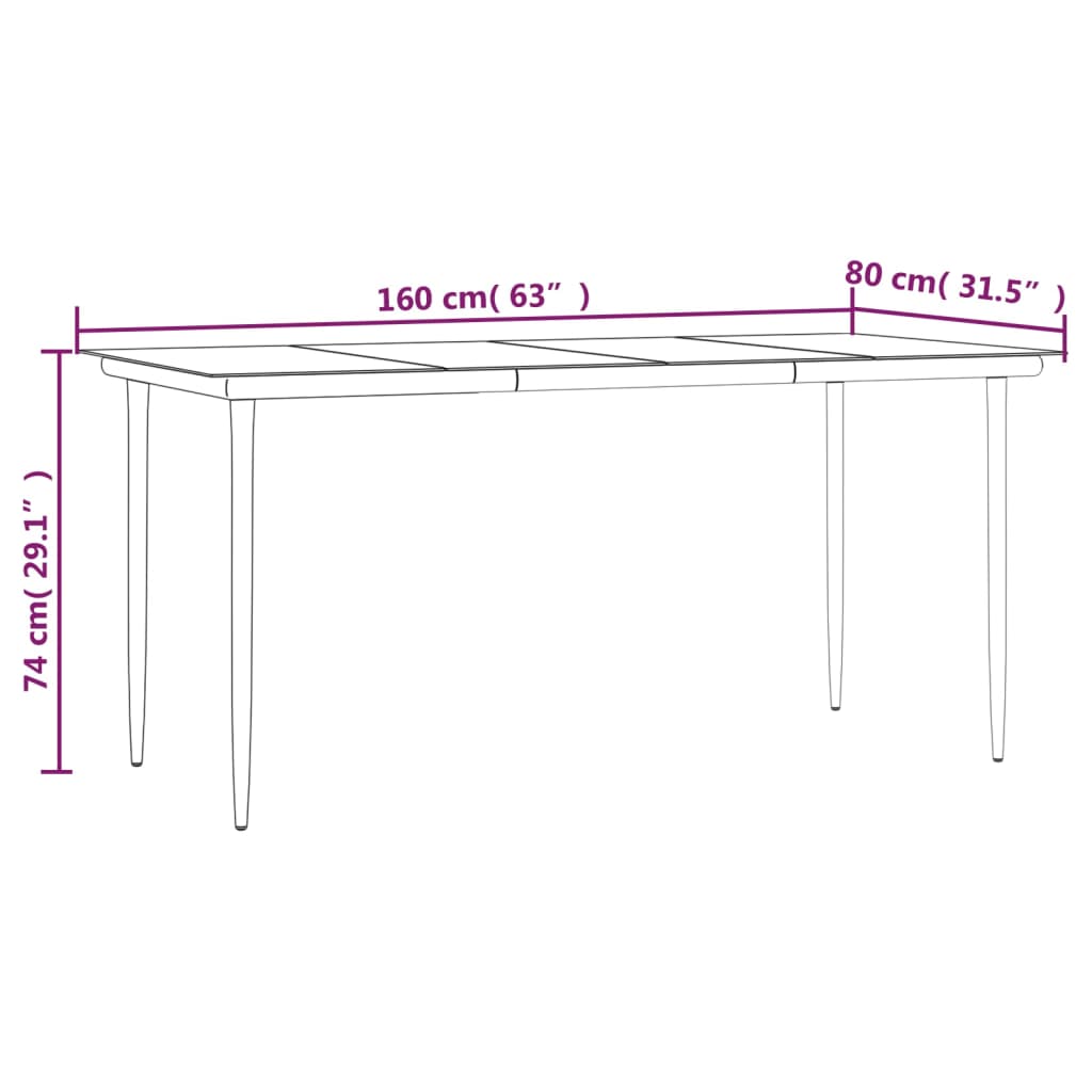 Mesa comedor jardín acero y vidrio templado negro 160x80x74 cm