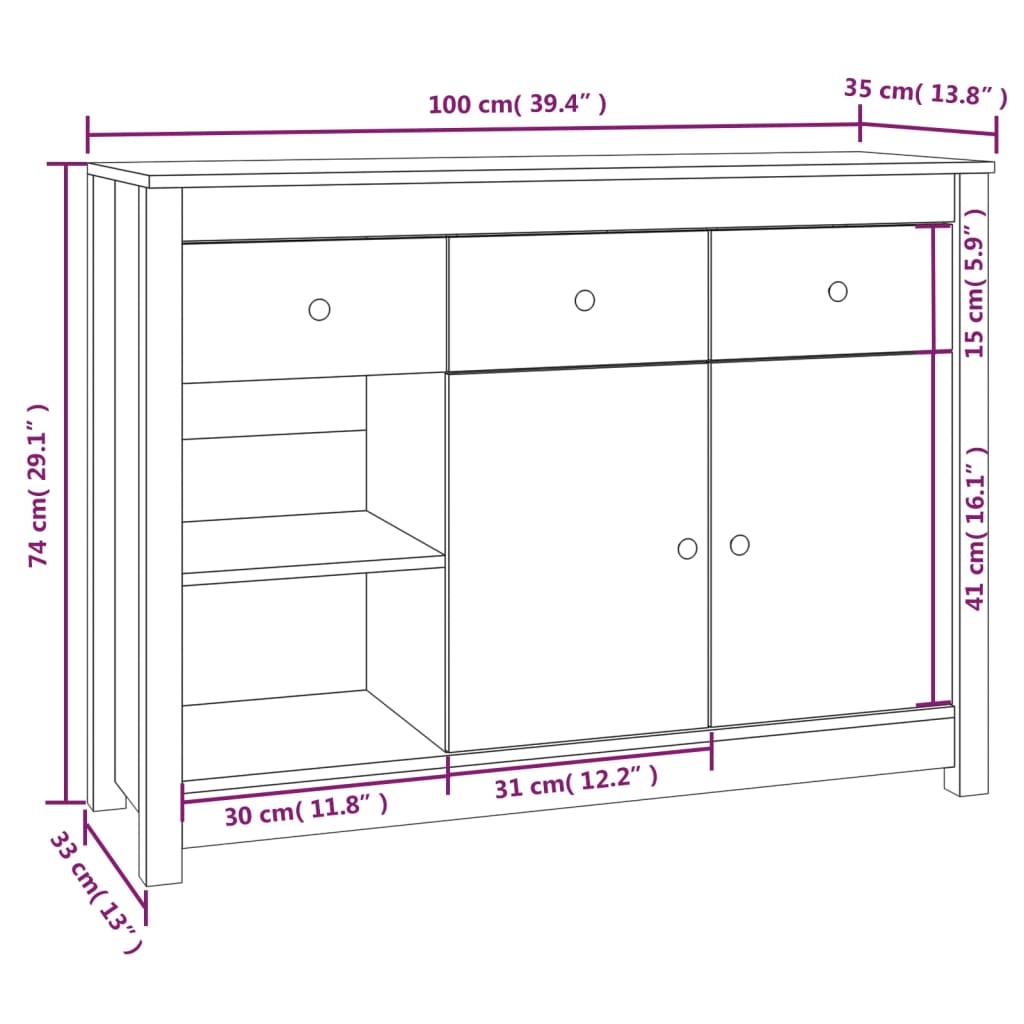 Aparador de madera maciza de pino marrón miel 100x35x74 cm