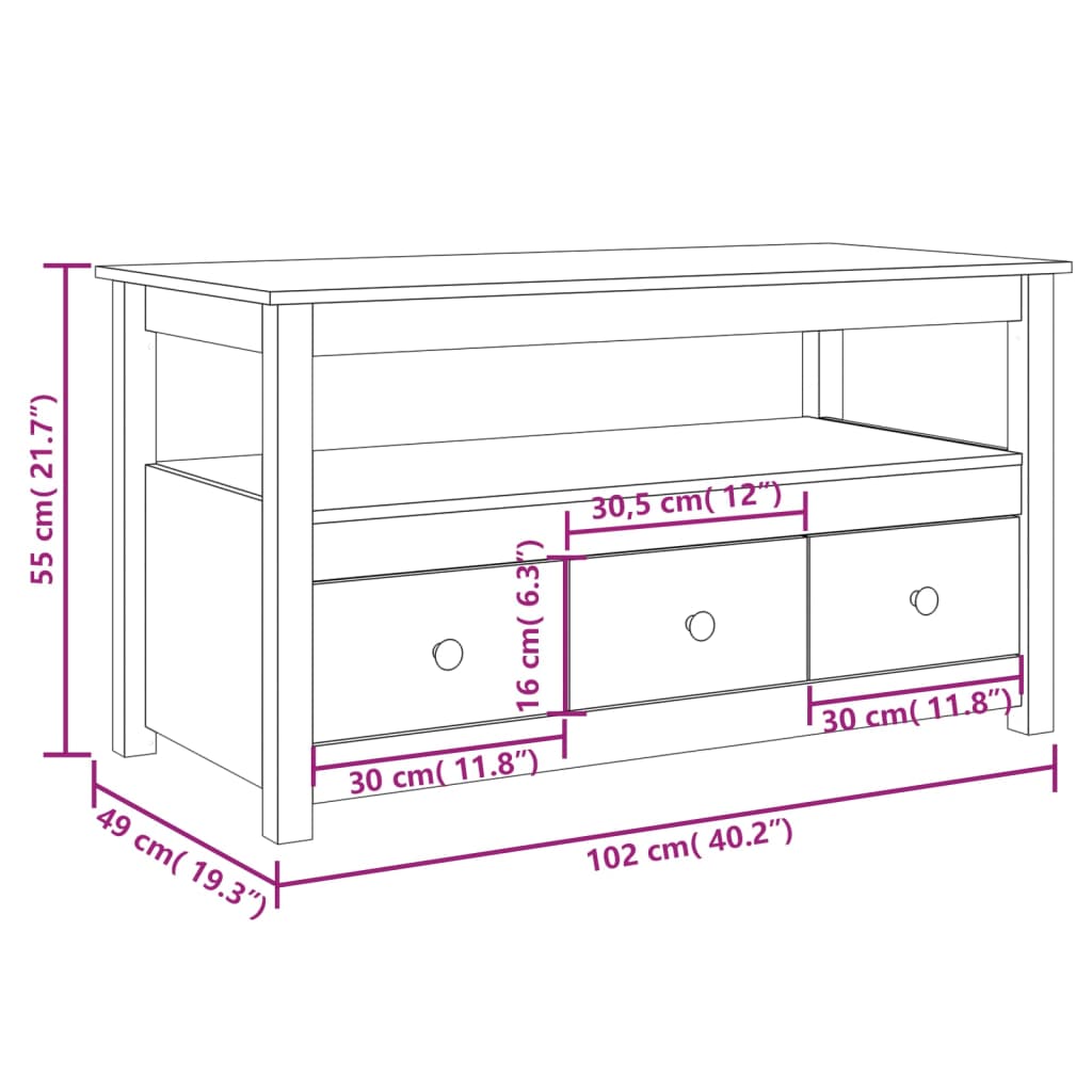 Mesa de centro de madera maciza de pino 102x49x55 cm