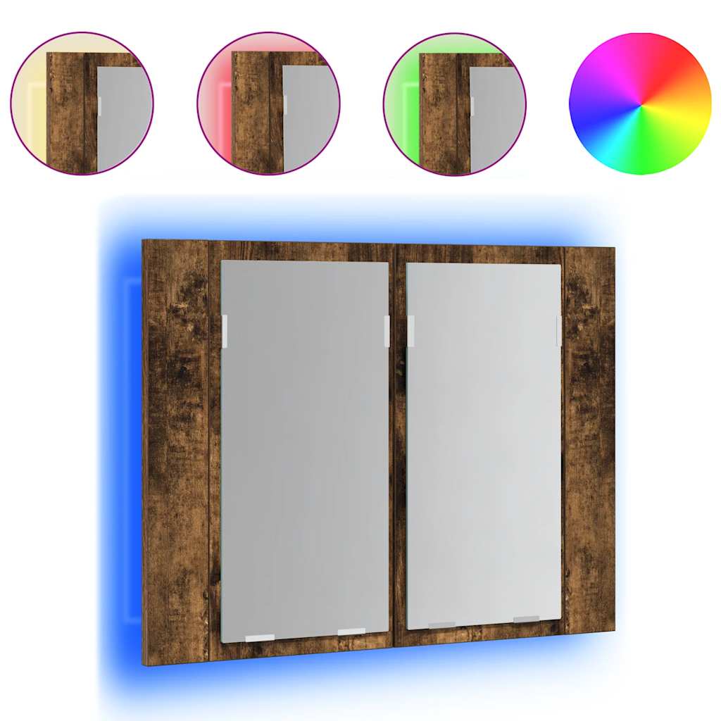 Armario con espejo LED madera roble ahumado 60x12x45 cm