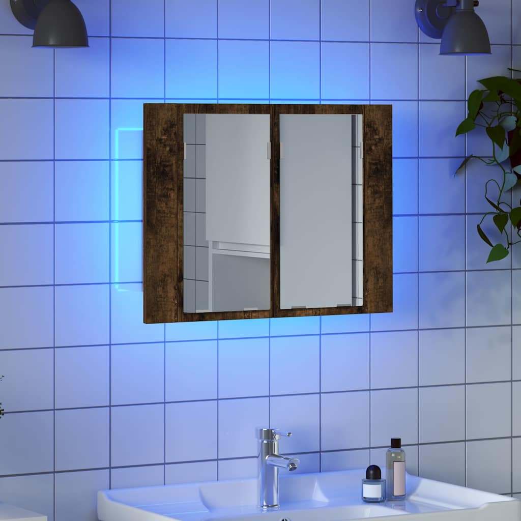 Armario con espejo LED madera roble ahumado 60x12x45 cm