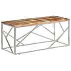 Mesa de centro acero inox plateado y madera maciza reciclada