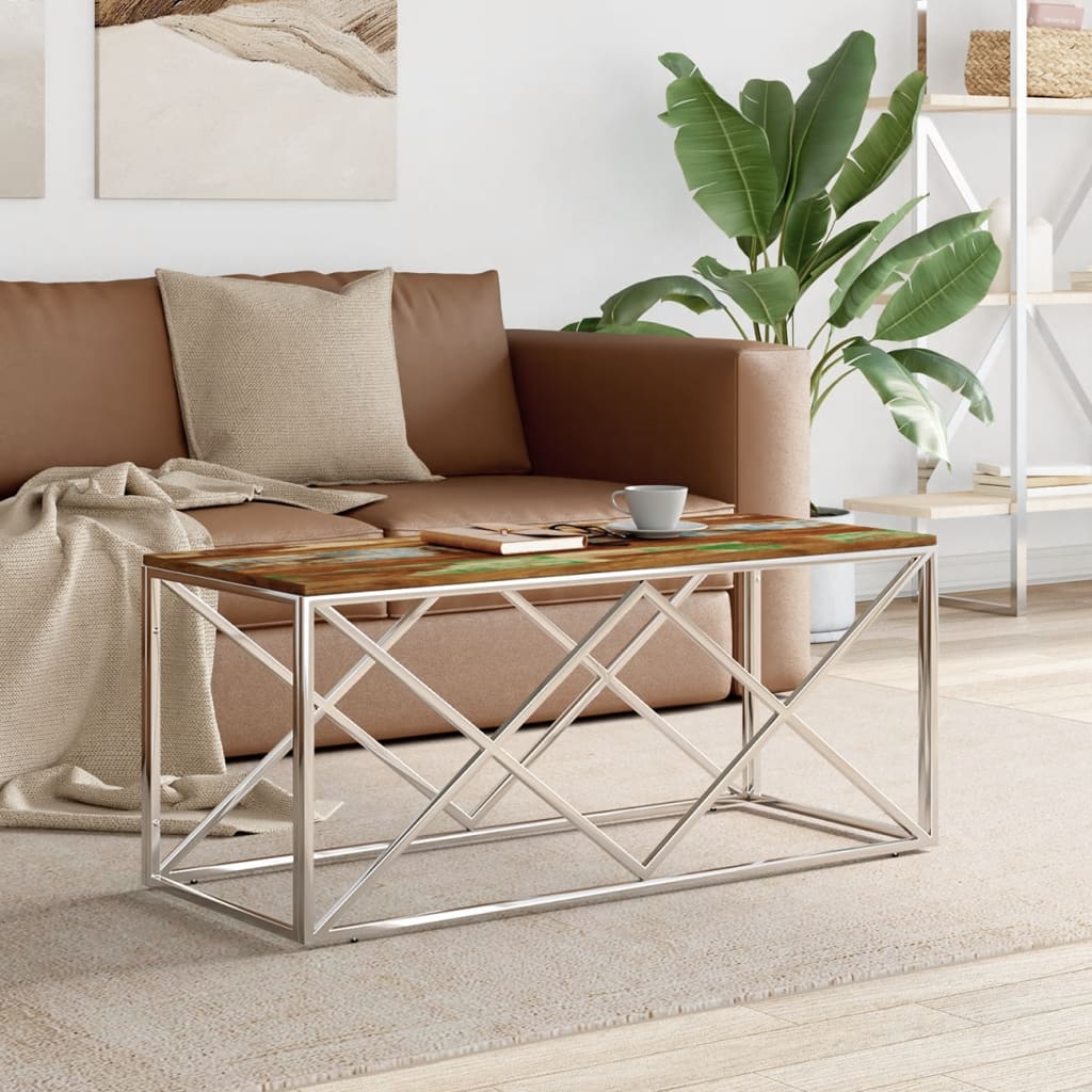 Stainless steel and reclaimed solid wood coffee table