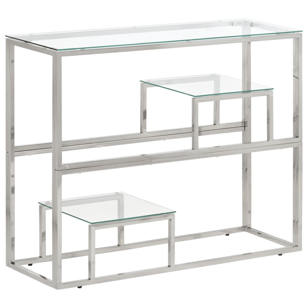 Silver stainless steel and tempered glass console table
