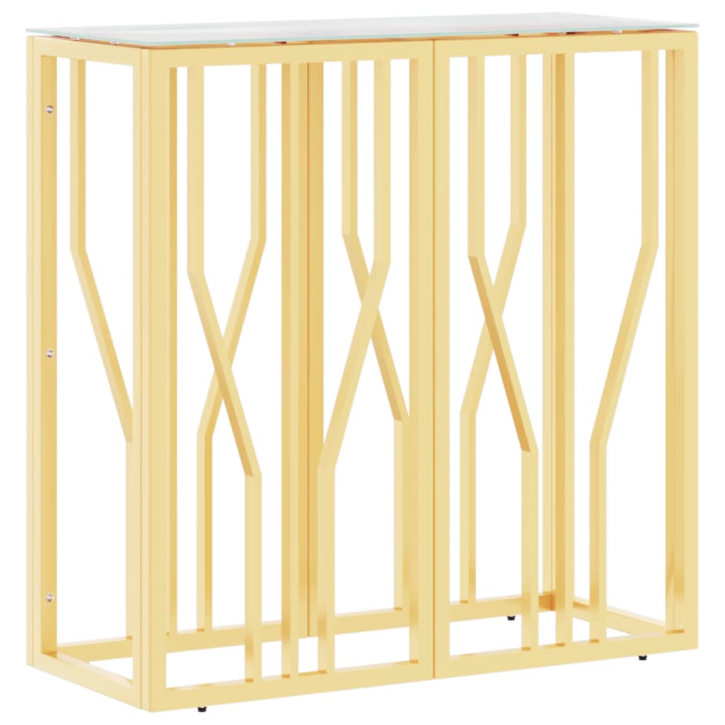 Mesa consola de acero inoxidable y vidrio dorada 70x30x70 cm