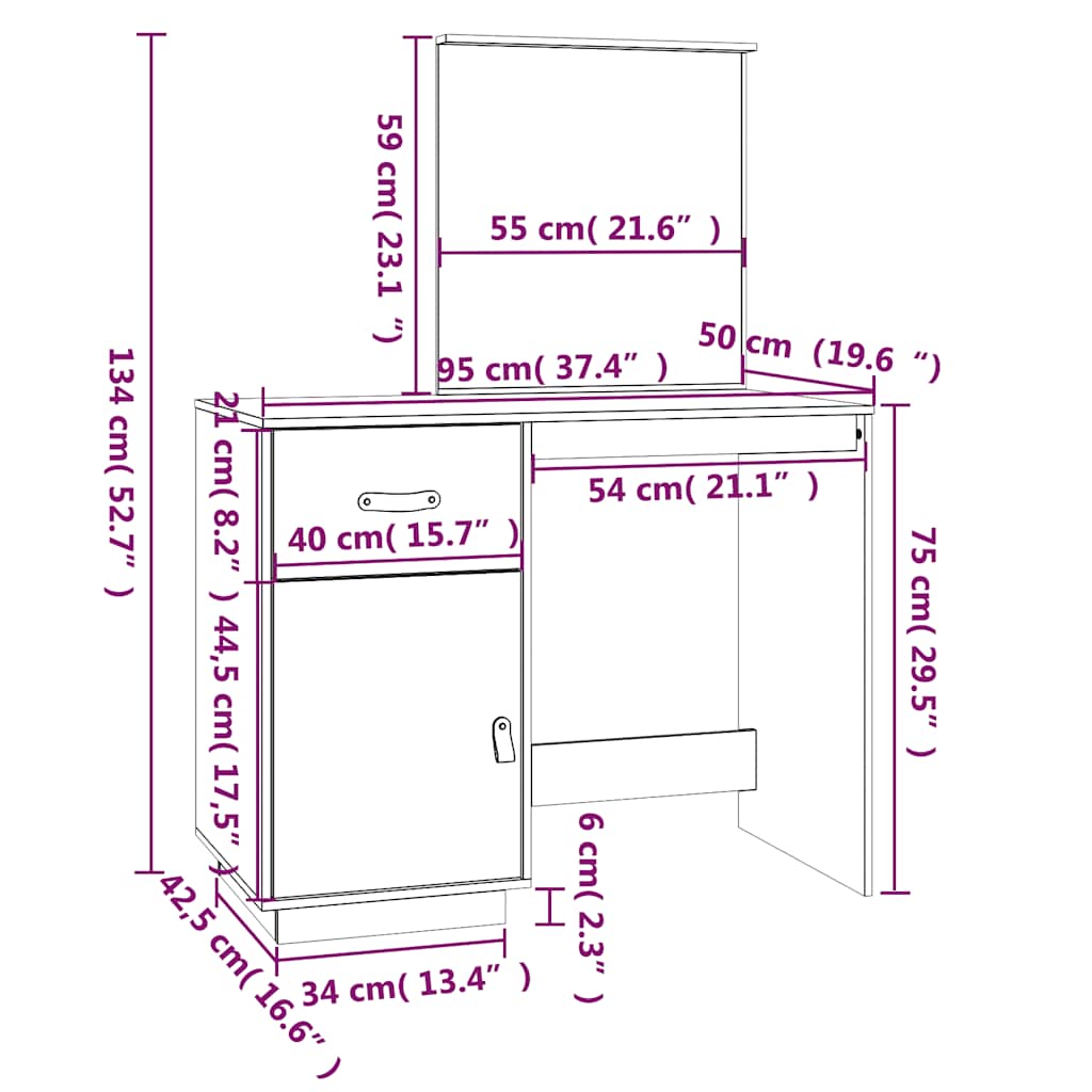 Mesa tocador de madera maciza de pino 95x50x134 cm