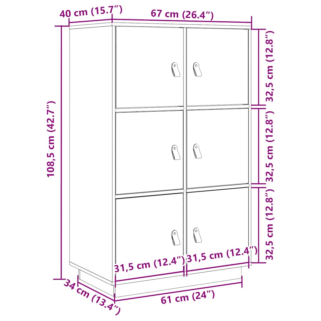 Aparador de madera maciza de pino blanco 67x40x108,5 cm