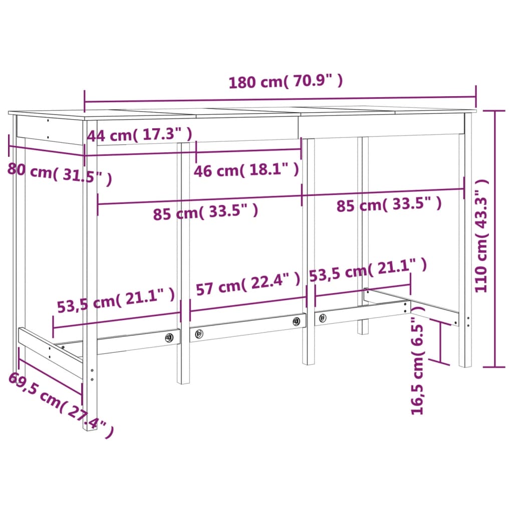 Mesa alta de bar de madera maciza de pino 180x80x110 cm