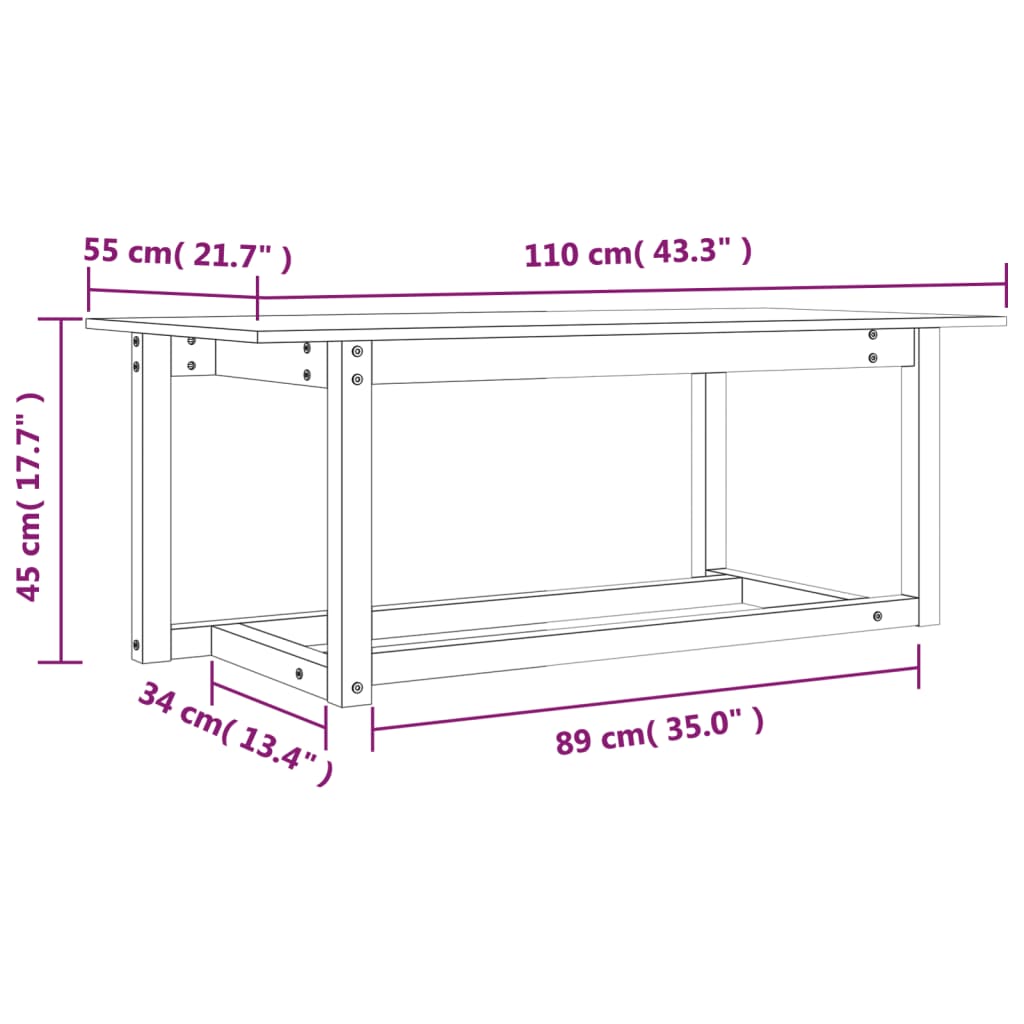 Mesa de centro de madera maciza de pino 110x55x45 cm
