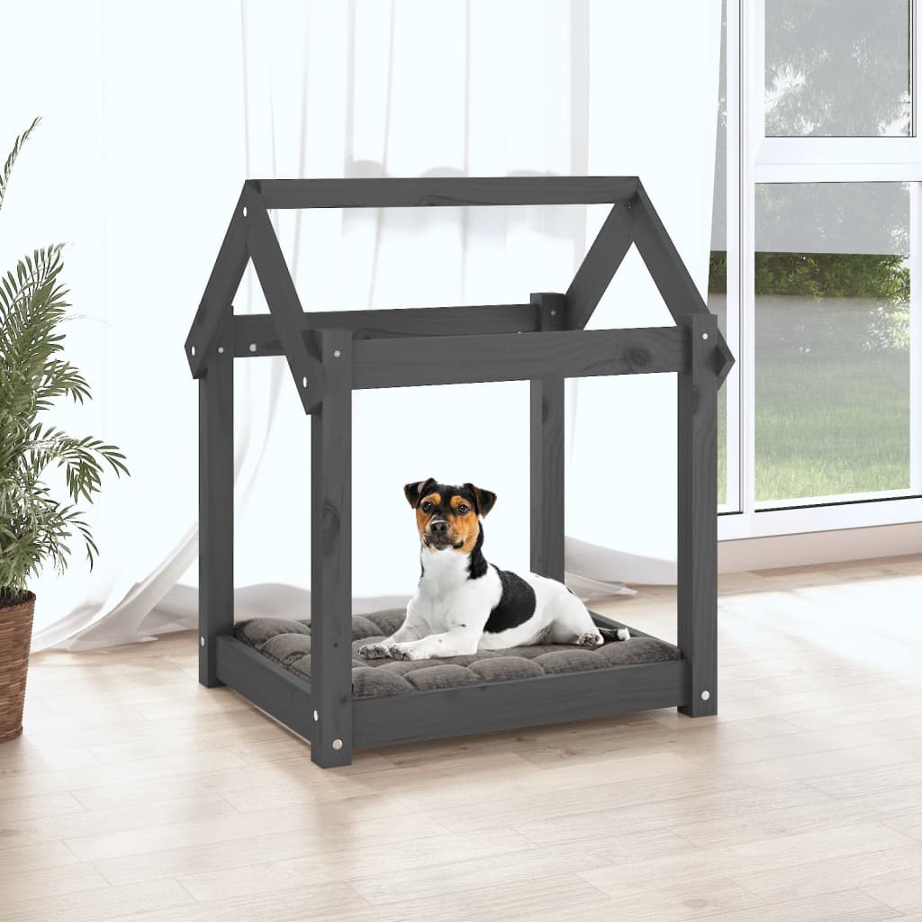Cama para perros madera maciza de pino gris 61x50x70 cm