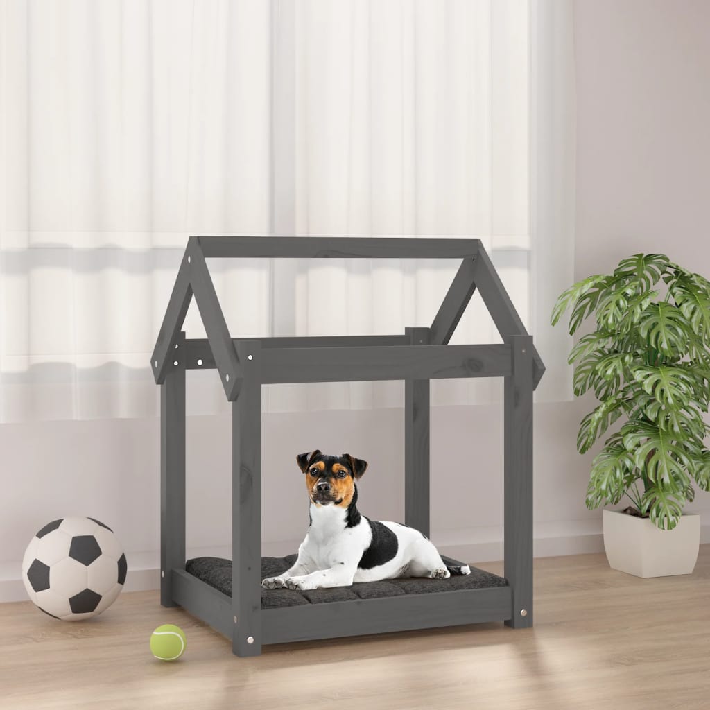 Cama para perros madera maciza de pino gris 61x50x70 cm