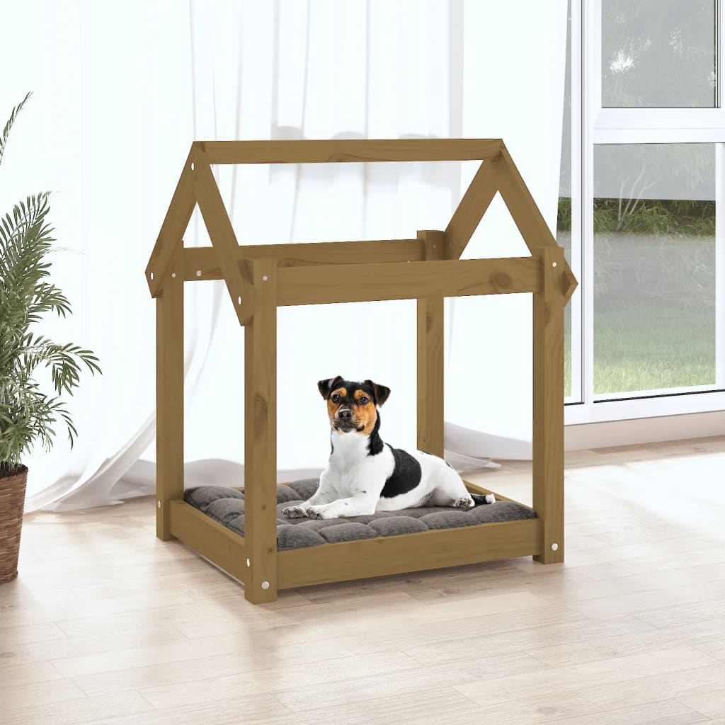 Cama para perros madera maciza pino marrón miel 61x50x70 cm