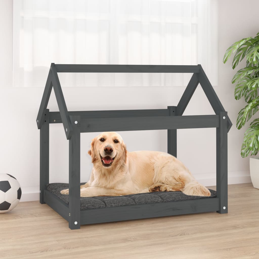 Cama para perros madera maciza de pino gris 61x50x70 cm