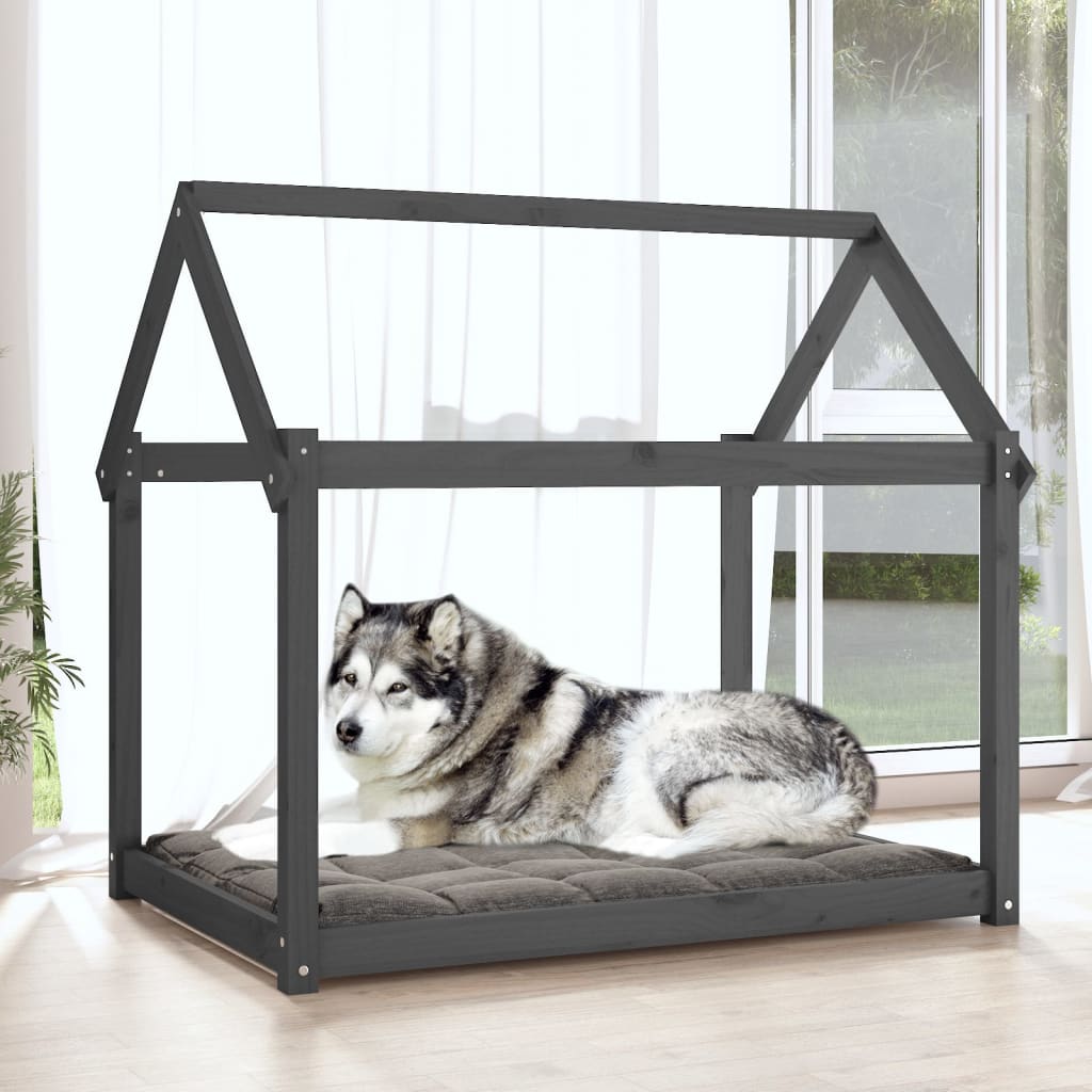 Cama para perros madera maciza de pino gris 111x80x100 cm