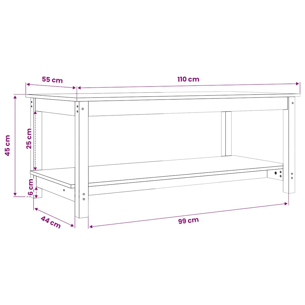 Mesa de centro de madera maciza de pino 110x55x45 cm