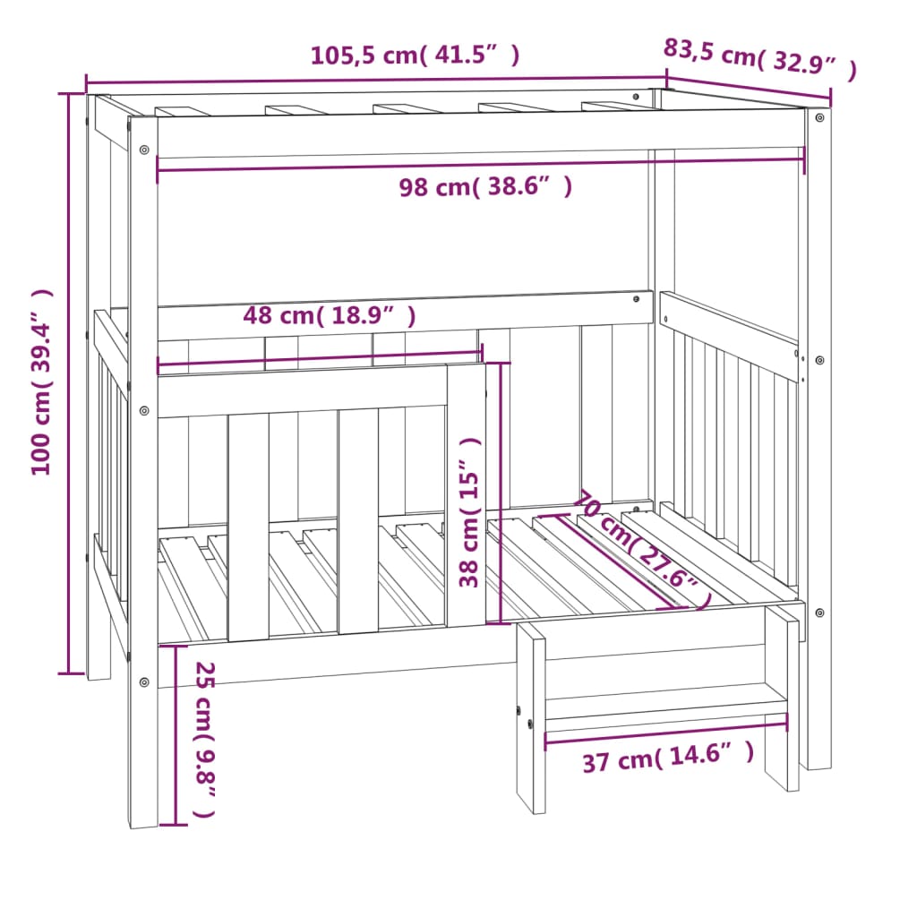 Cama para perros madera maciza de pino blanco 105,5x83,5x100 cm