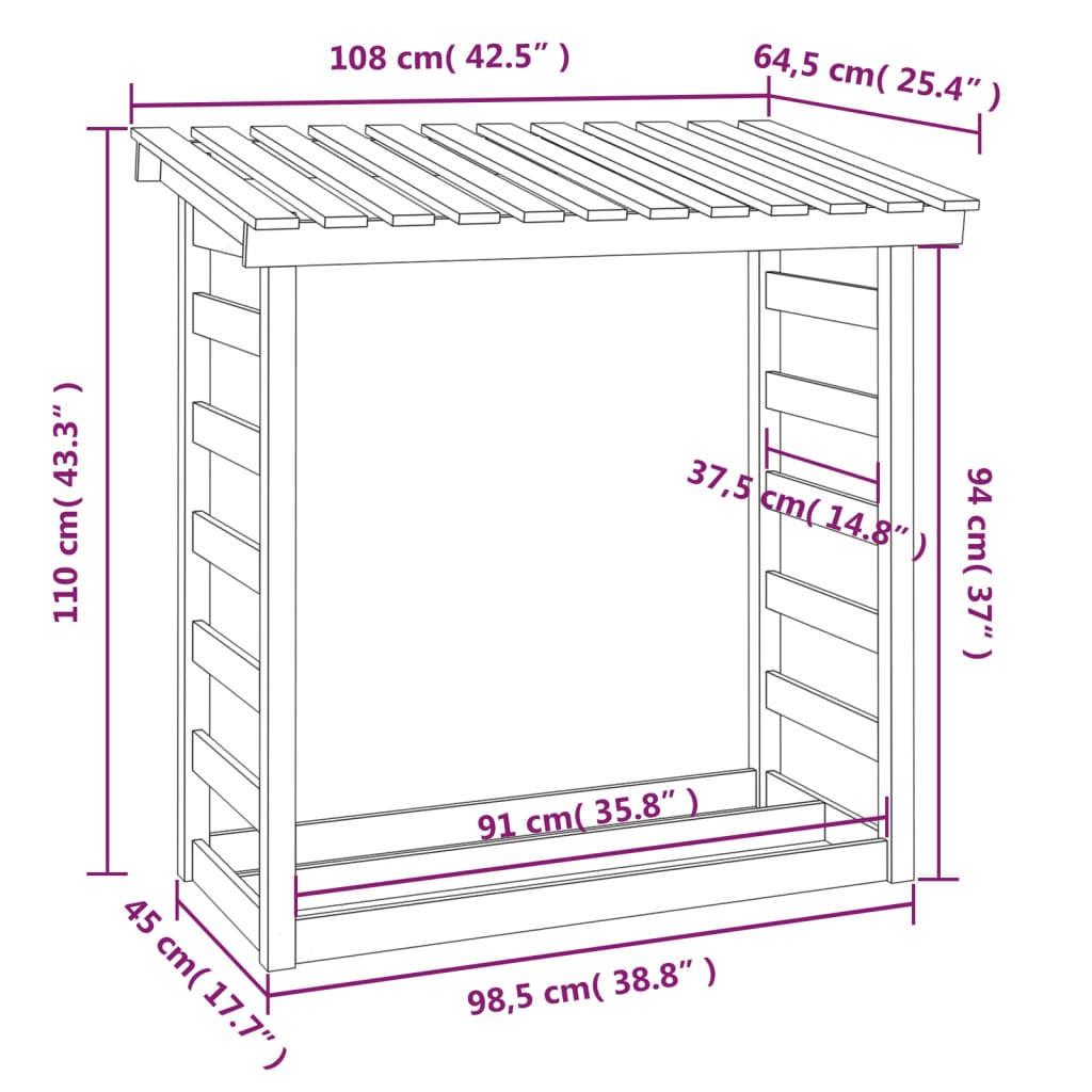 Leñero de madera maciza de pino 108x64,5x110 cm
