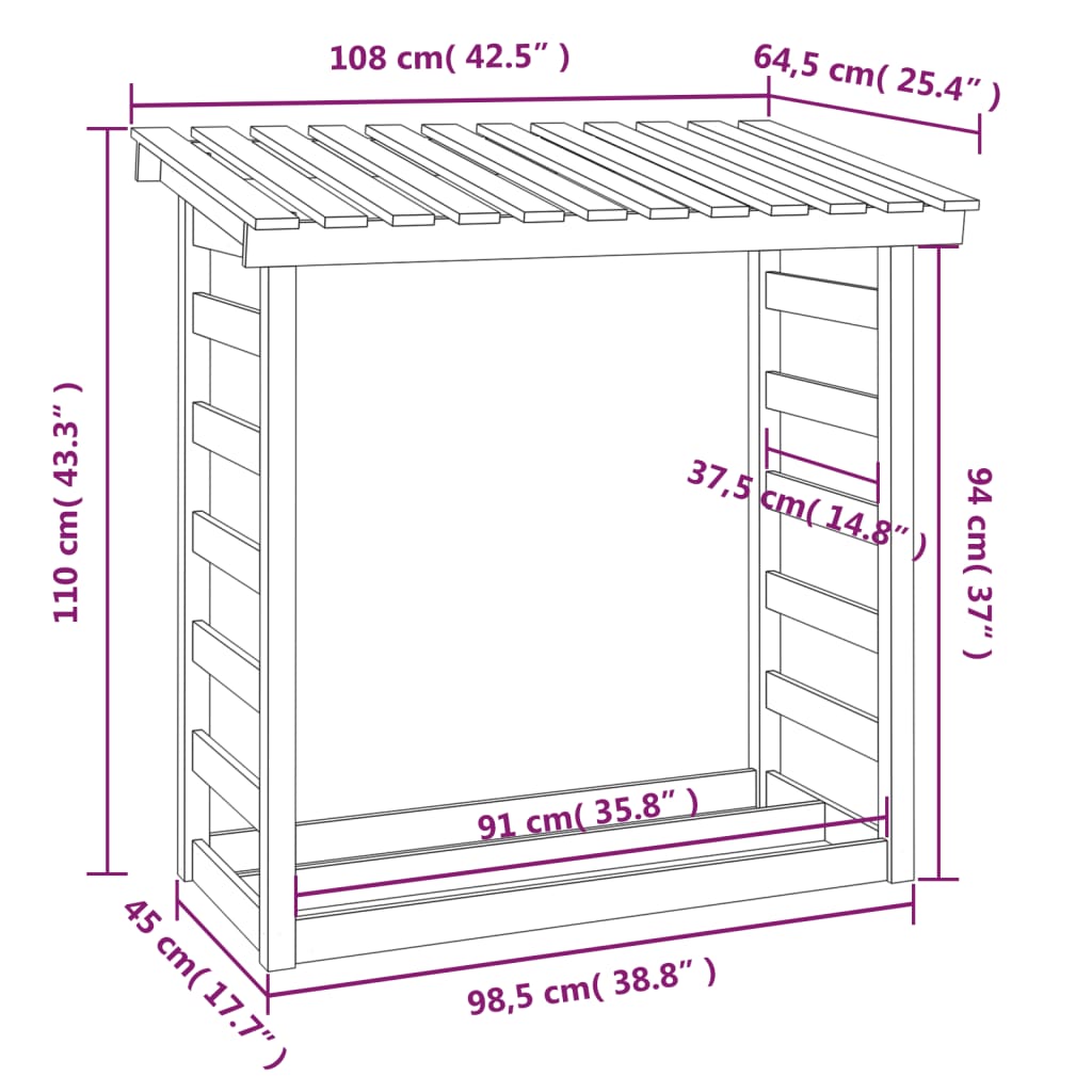 Leñero de madera maciza de pino blanco 108x64,5x110 cm