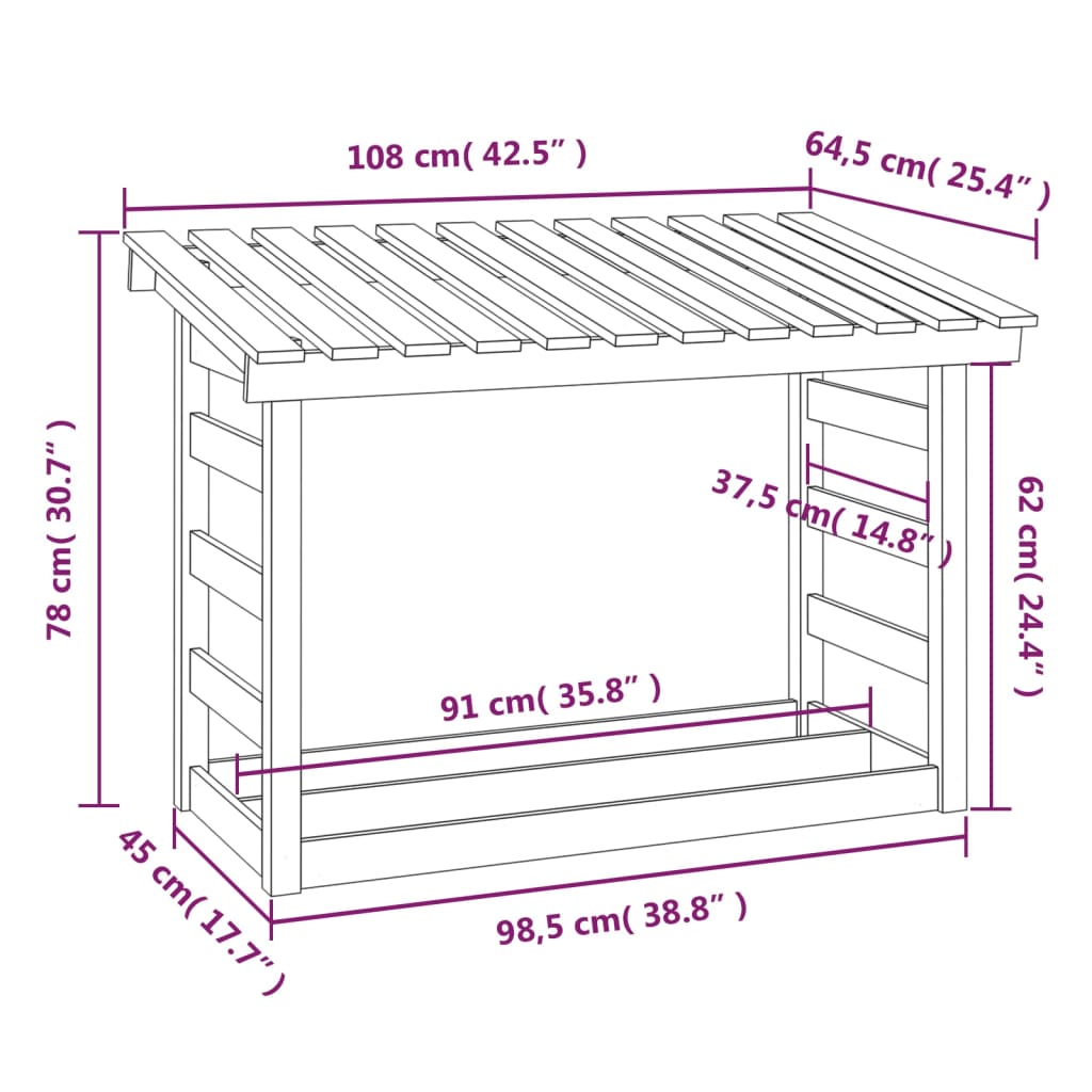 Leñero de madera maciza de pino 108x64,5x78 cm