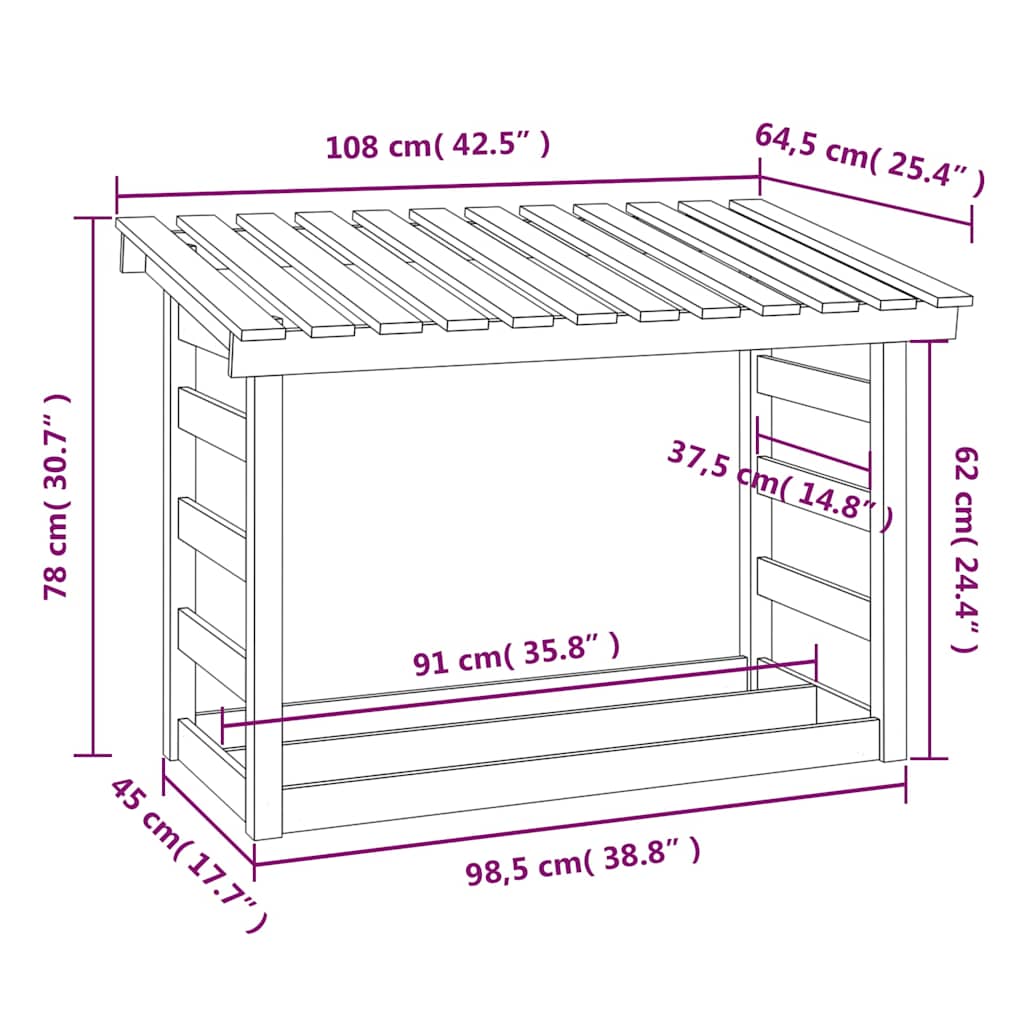 Leñero de madera maciza de pino blanco 108x64,5x78 cm
