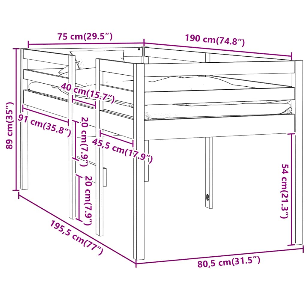 Cama alta branca madeira maciça pinho 75x190 cm