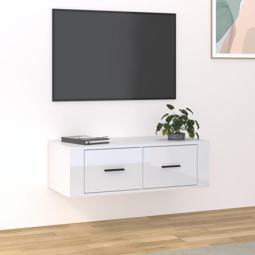 Wall-mounted TV cabinet high-gloss white wood 80x36x25 cm