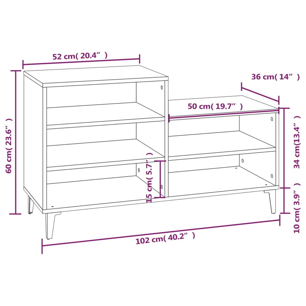 Mueble zapatero madera contrachapada gris hormigón 102x36x60 cm