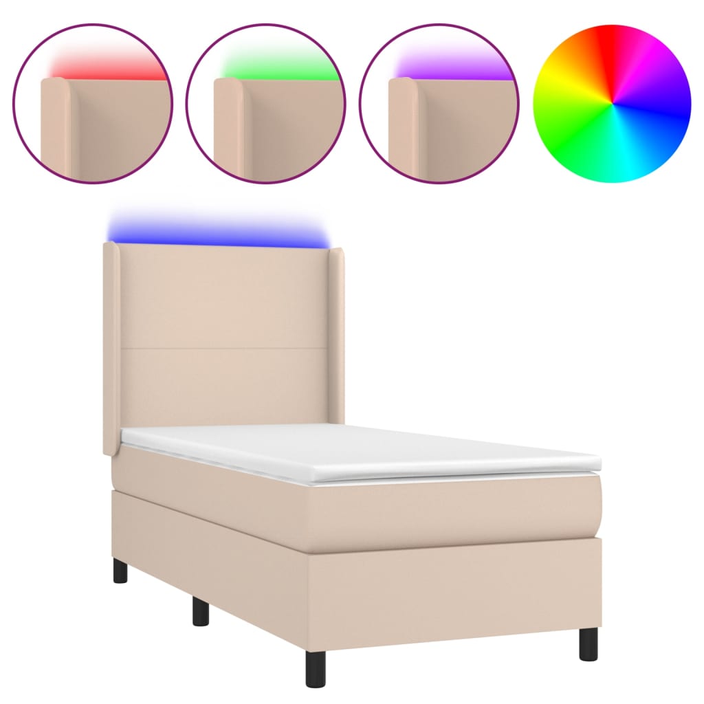 Cama box spring colchón LED cuero sintético capuchino 100x200cm