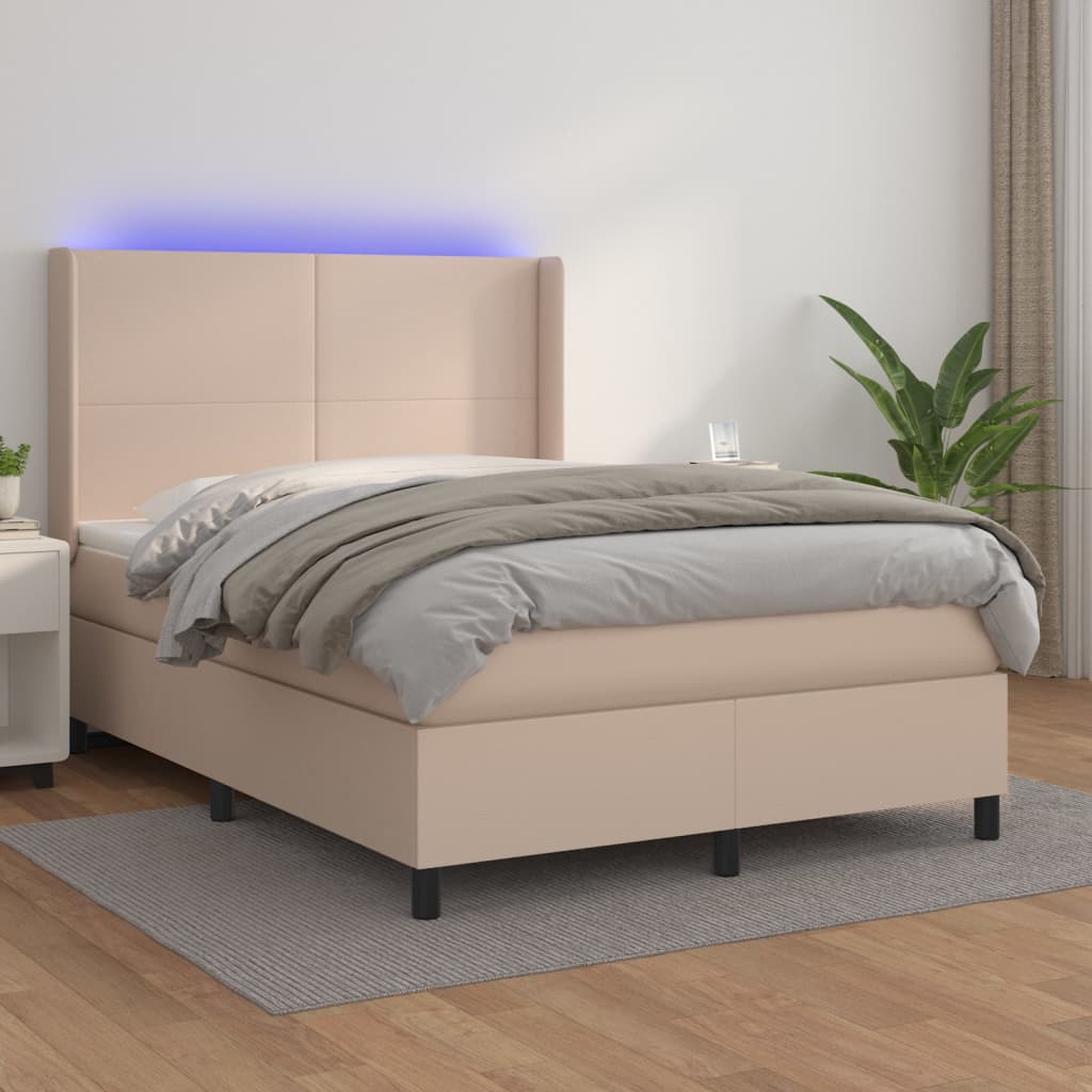 Cama box spring colchón LED cuero sintético capuchino 100x200cm